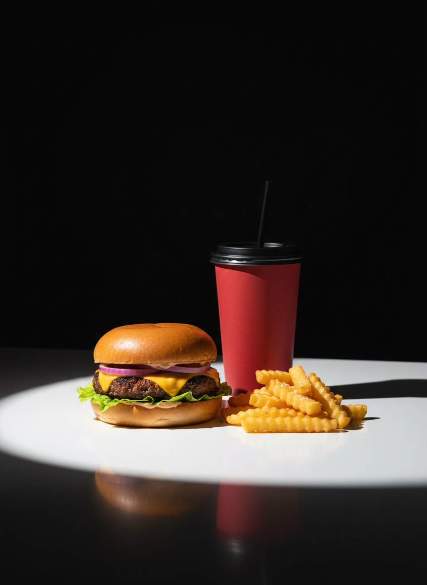 A minimalist BKN SMASH BURGER combo meal: a single, perfectly assembled smash burger, a compact pile of golden, crinkle-cut fries with salt crystals catching the light, and an unbranded, matte red drink cup with a black straw. All elements rest on a smooth white surface, set against a seamless, nearly pure black backdrop for extreme contrast. A narrow beam of directional light from above-left illuminates the food, carving sharp-edged shadows that stretch to the right, giving depth and drama. Shot from a slightly elevated angle with the burger centered and fries and drink forming a strong triangular composition. The mood is bold, graphic, and ultra-clean, with photographic realism ideal for a hero section image.