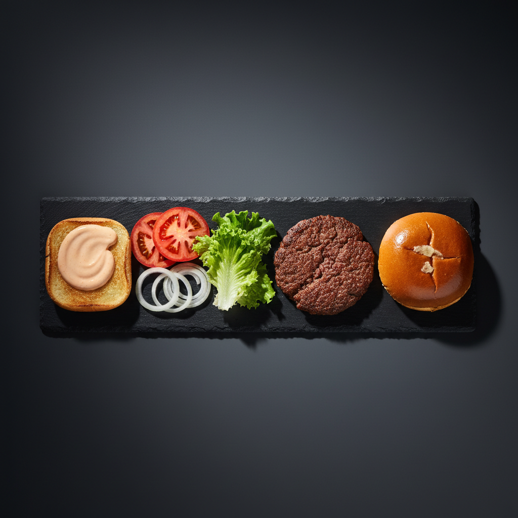 A deconstructed BKN SMASH BURGER spread in a precise line on a long, matte slate board: toasted brioche bun halves with visible buttery sheen, a rough-edged smash patty, vivid green lettuce, ruby tomato slices, translucent onions, and a swirl of creamy house sauce. The board floats visually against a smooth, gradient dark gray background with no clutter. Sharp, raking light from the right carves out crisp shadows behind each ingredient, creating a graphic, almost architectural rhythm. Captured from a directly overhead, bird’s-eye view with sharp focus throughout, the composition feels modern, bold, and studio-polished, emphasizing ingredient quality and the care behind the menu in photographic realism.